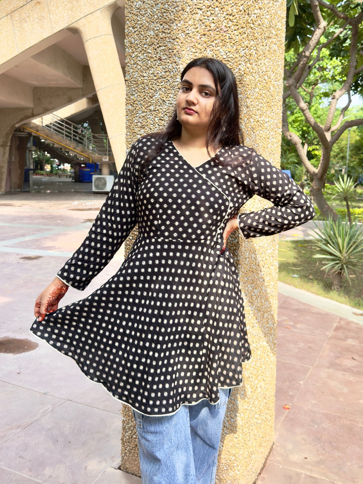 Black Polka Dot Flared Kurti for Women – Stylish Casual Ethnic Wear