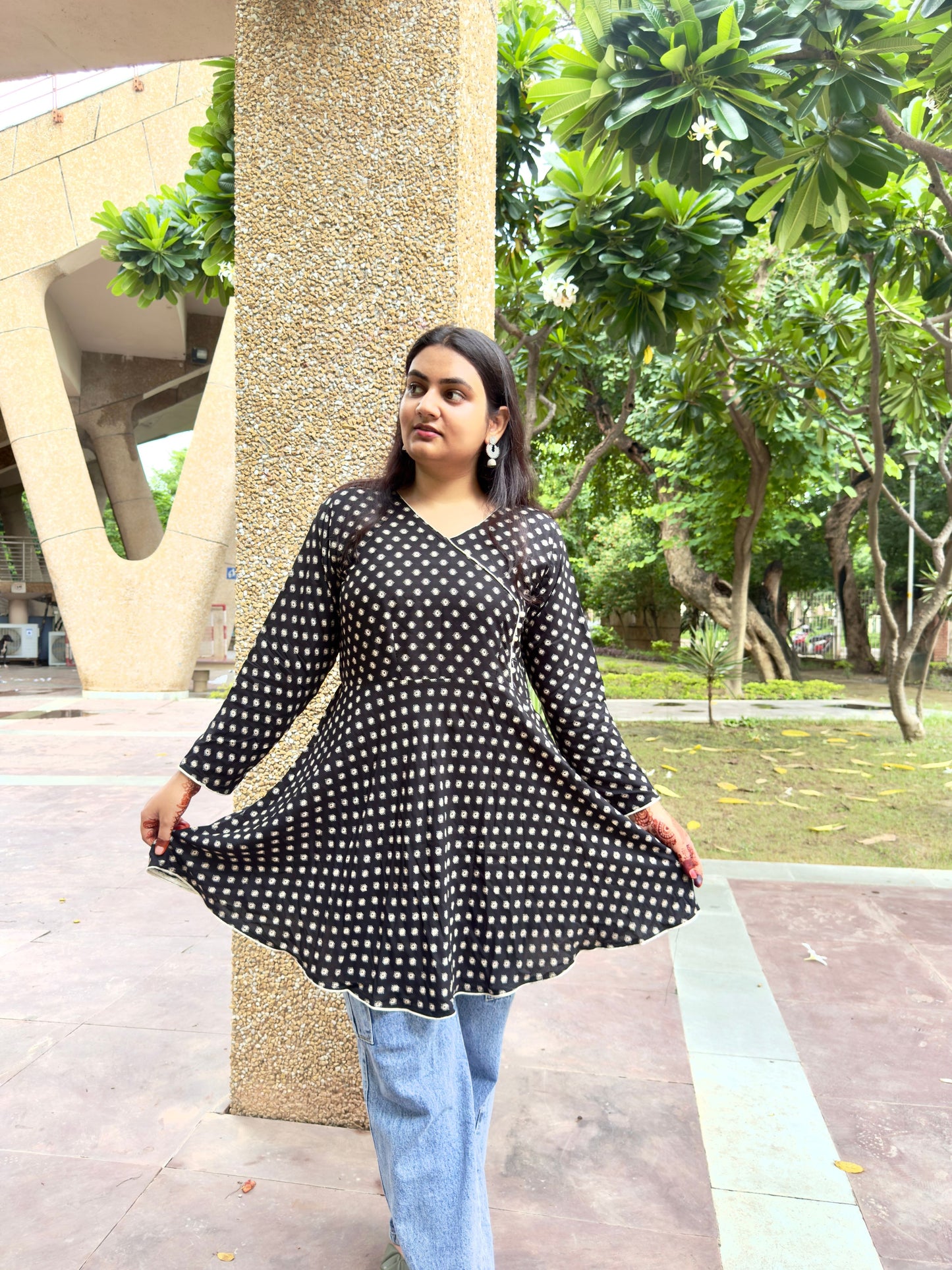 Black Polka Dot Flared Kurti for Women – Stylish Casual Ethnic Wear