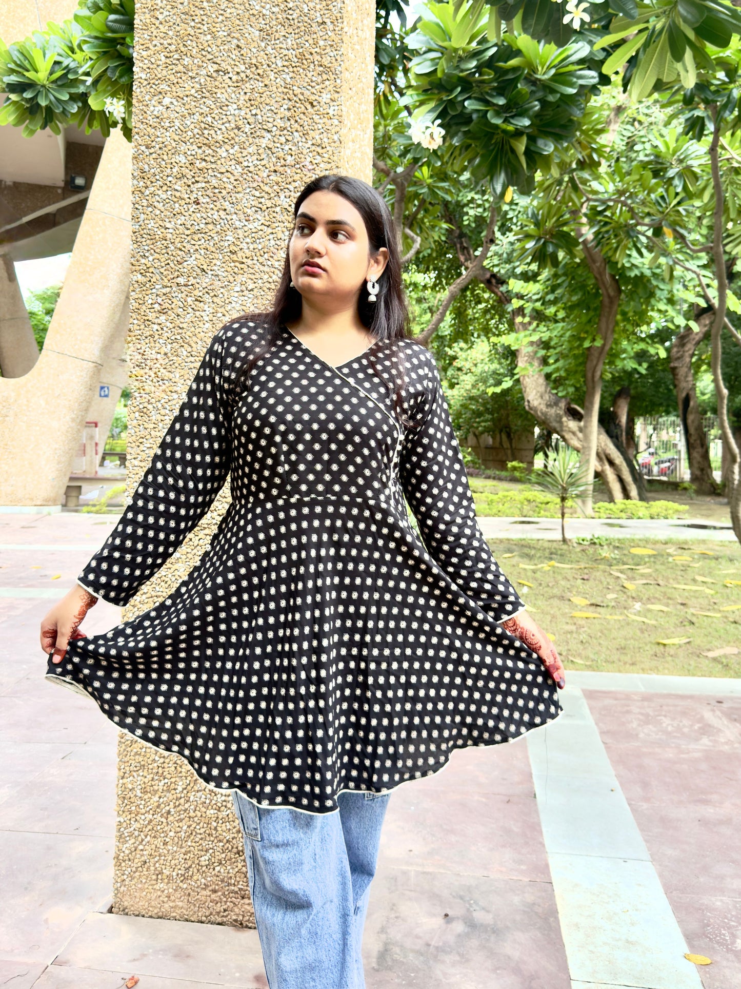 Black Polka Dot Flared Kurti for Women – Stylish Casual Ethnic Wear