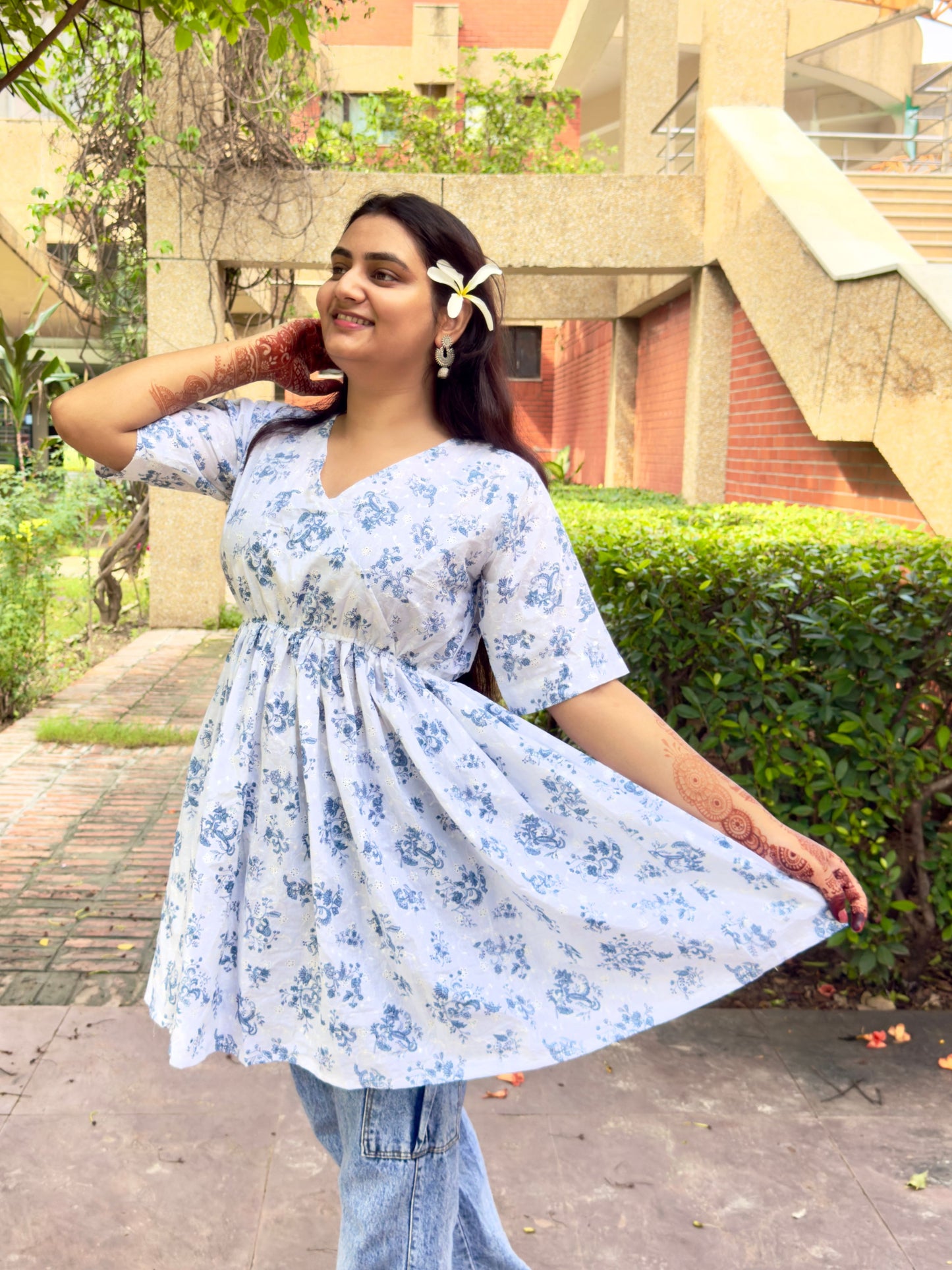White & Blue Floral Flared Short Kurti for Women – Elegant Summer Ethnic Wear