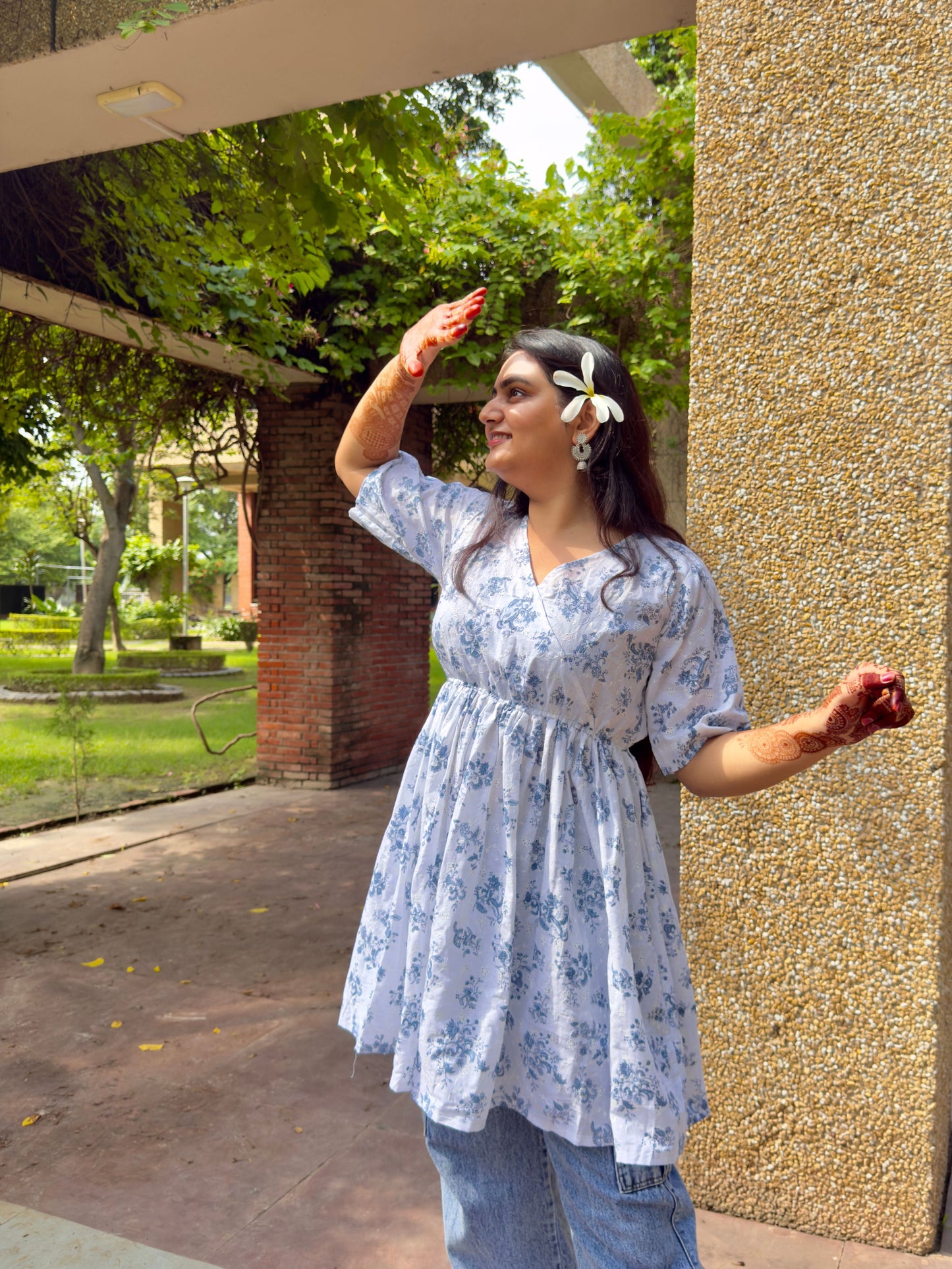 White & Blue Floral Flared Short Kurti for Women – Elegant Summer Ethnic Wear