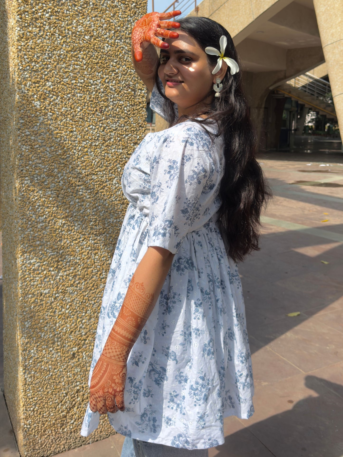 White & Blue Floral Flared Short Kurti for Women – Elegant Summer Ethnic Wear