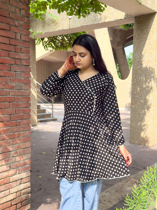 Black Polka Dot Flared Kurti for Women – Stylish Casual Ethnic Wear