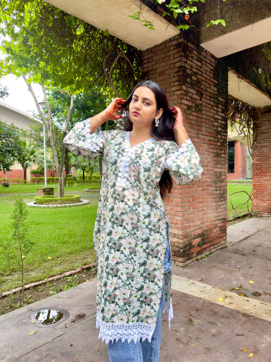 Floral Printed Green Long Kurti with Lace Detailing – Elegant Ethnic Wear for Women