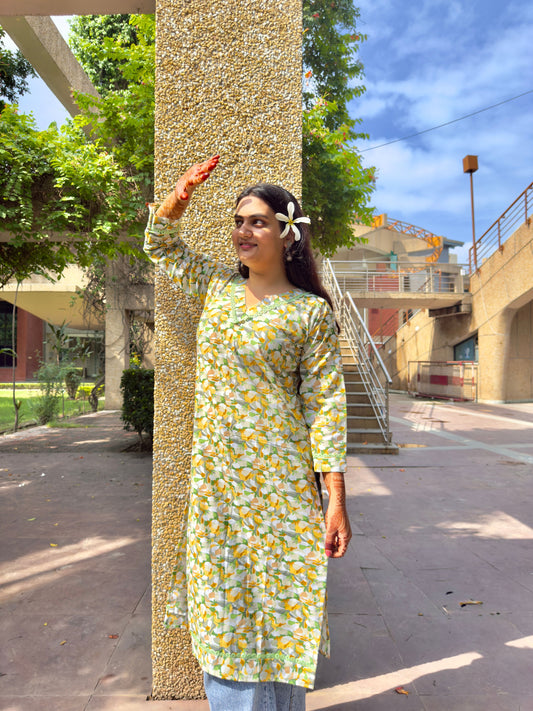 Lemon Print Straight Kurti for Women – Summer Casual Ethnic Wear