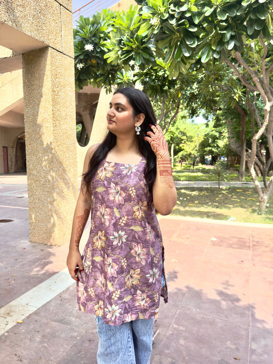 Purple Floral Sleeveless Kurti for Women – Stylish Summer Ethnic Wear