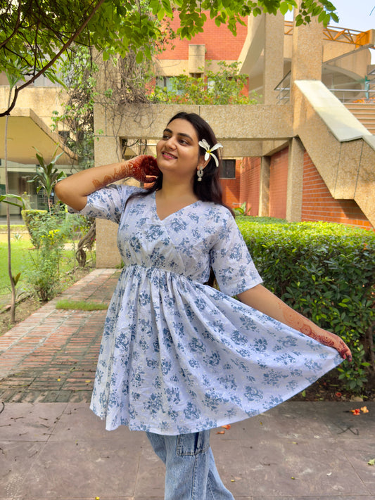 White & Blue Floral Flared Short Kurti for Women – Elegant Summer Ethnic Wear