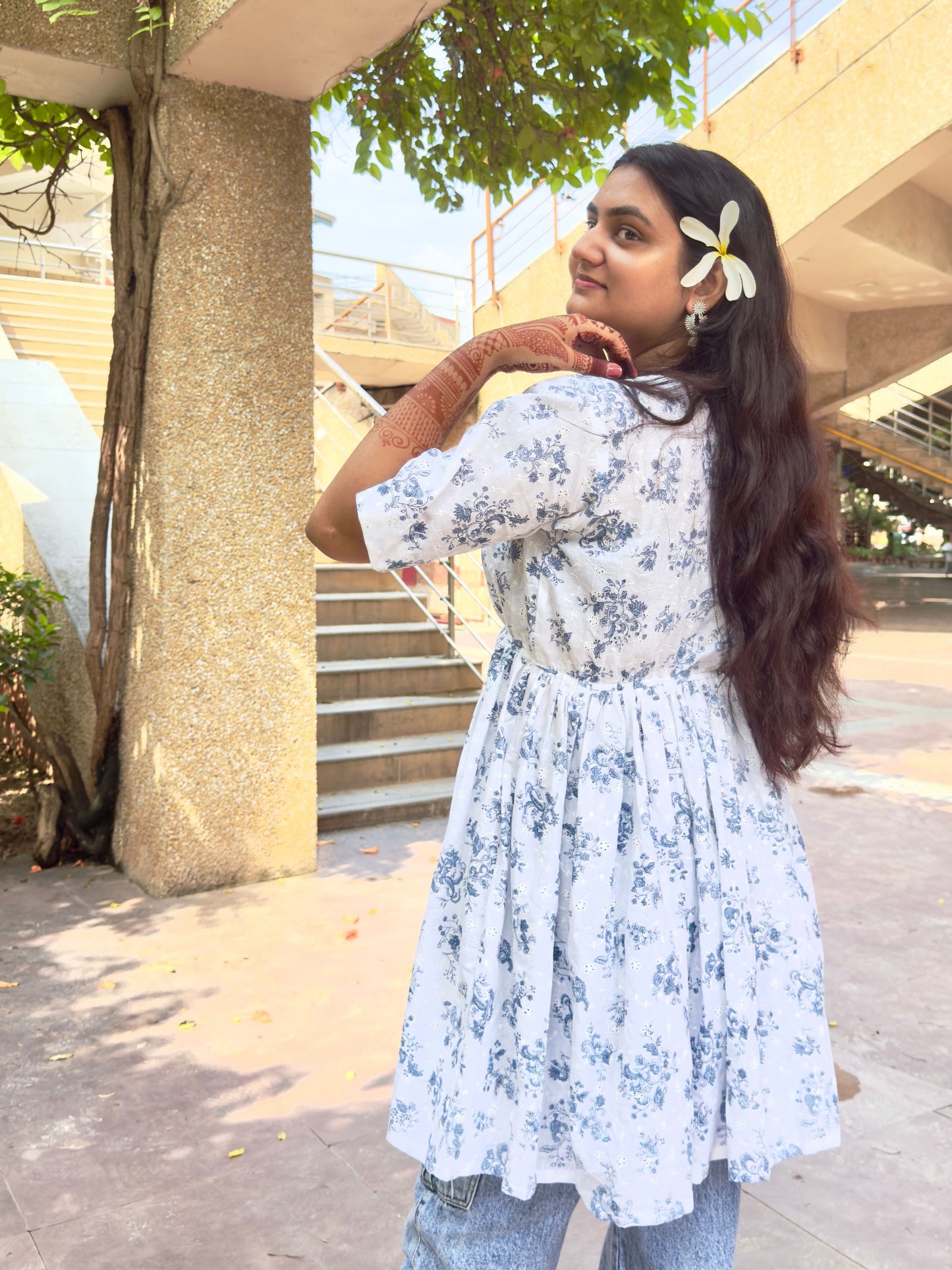 White & Blue Floral Flared Short Kurti for Women – Elegant Summer Ethnic Wear